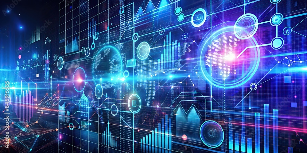 futuristic vibrant digital interface with elements like charts graphs network connections symbolizing advanced data analytics cyber technology