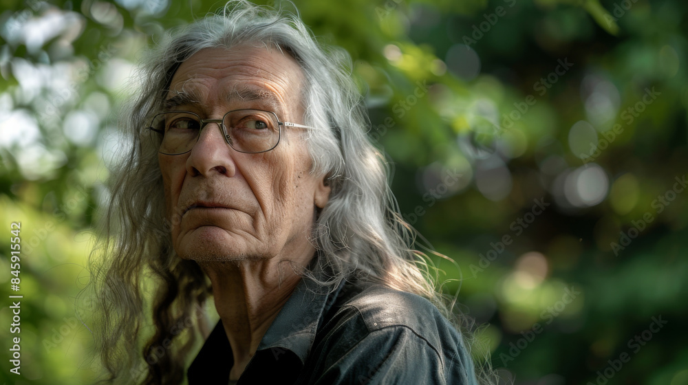 A contemplative elderly man with long gray hair and glasses looks to the side, framed by lush greenery and soft natural light. A contemplative elderly man with long gray hair and glasses looks to the side, framed by lush greenery and soft natural light.