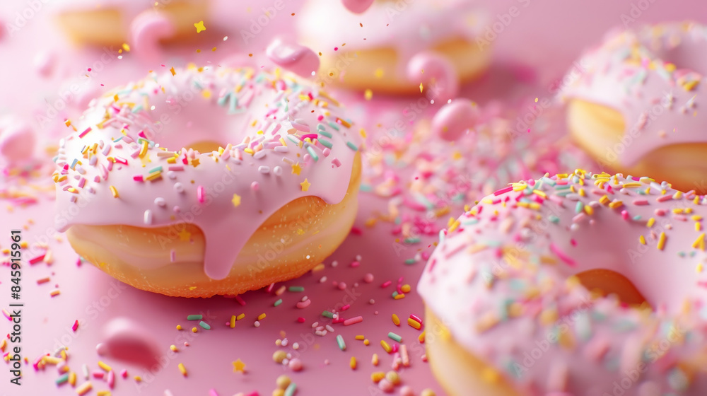 Close-up of pink-frosted donuts with an abundance of colorful sprinkles, creating a festive and appetizing visual feast. Close-up of pink-frosted donuts with an abundance of colorful sprinkles, creating a festive and appetizing visual feast.