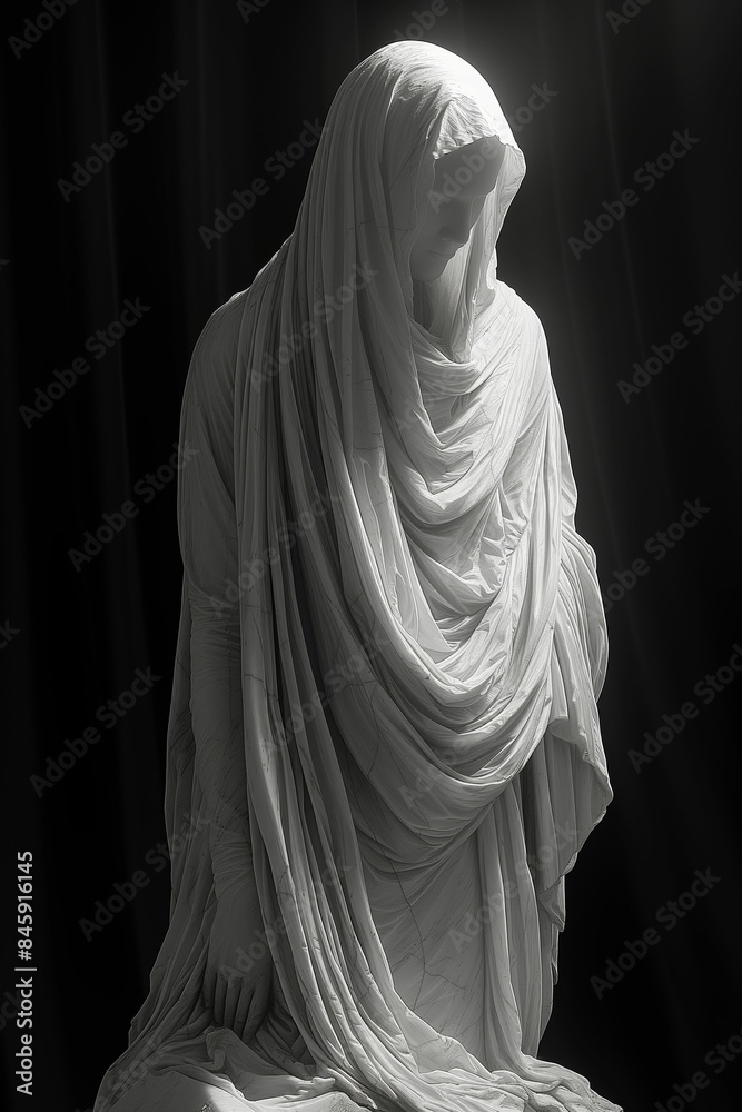 Draped figure, shrouded in shadows.
Draped figure, shrouded in shadows.
