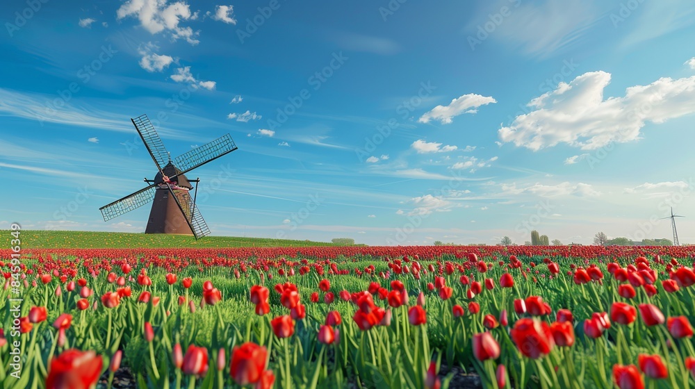 Beautiful colorful tulip field and traditional windmill in country side.