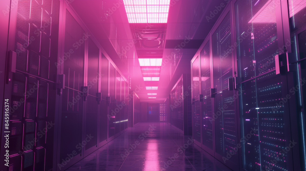 Fototapeta premium A futuristic data center corridor illuminated with vibrant pink and blue neon lights, creating a visually striking and high-tech environment.
