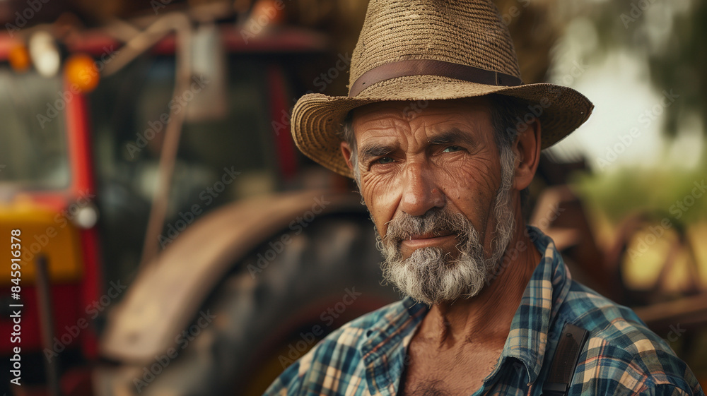 Close up of old American farmer wearing a worn baseball cap sitting in front of his farming heavy machinery while looking at the camera. Close up of old American farmer wearing a worn baseball cap sitting in front of his farming heavy machinery while looking at the camera.