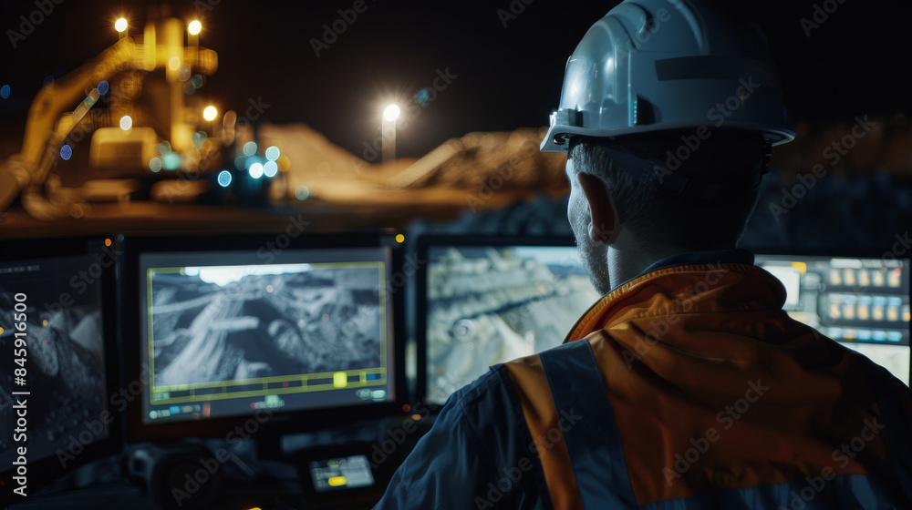 A mining engineer in a dimly lit control room closely monitors multiple screens displaying the ongoing work at a night-time mining site. A mining engineer in a dimly lit control room closely monitors multiple screens displaying the ongoing work at a night-time mining site.