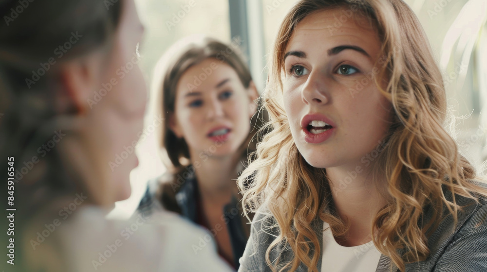 A woman passionately speaks while engaging in a meaningful conversation with two attentive women in an informal meeting. A woman passionately speaks while engaging in a meaningful conversation with two attentive women in an informal meeting.
