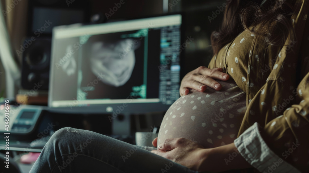A pregnant woman gently cradles her belly, seated near a computer displaying an ultrasound image, creating a warm and intimate moment. A pregnant woman gently cradles her belly, seated near a computer displaying an ultrasound image, creating a warm and intimate moment.