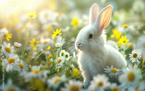 A white rabbit is standing in a field of yellow flowers. The rabbit is looking at the camera, and the scene is peaceful and serene © imagineRbc
