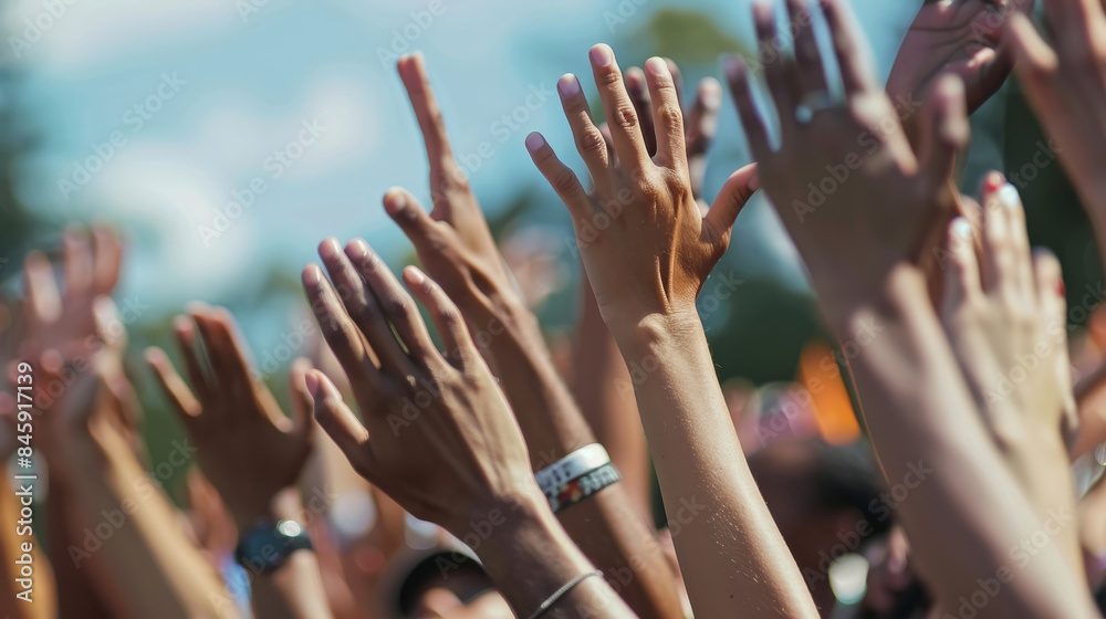A convergence of hands raised in solidarity and support during an outdoor rally, set against a blue sky. A convergence of hands raised in solidarity and support during an outdoor rally, set against a blue sky.