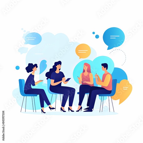 flat vector style illustration, a diverse group of people talking and collaborating