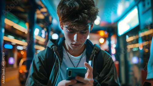Teenage boy looking down at his smartphone.