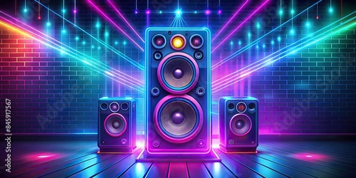 colorful illustration of large speakers with neon lights radiating various directions lively music dance setting