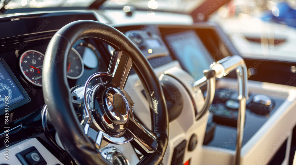 Fototapeta premium A sleek modern boat dashboard featuring a shiny steering wheel, multiple gauges, and navigational instruments, capturing the essence of marine technology.