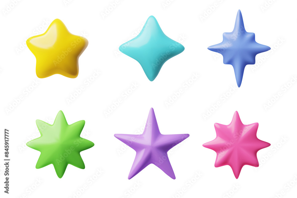 Vector design in the form of a collection of colored 3D stars in cartoon style Vector design in the form of a collection of colored 3D stars in cartoon style
