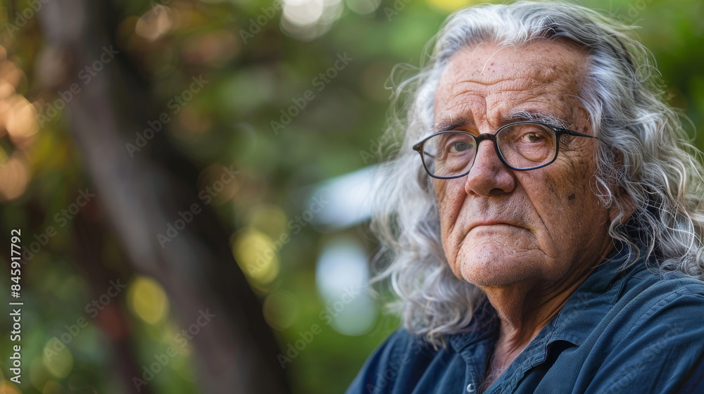 Portrait of an elderly man with flowing grey hair and glasses, set against a blurred, leafy background, evoking wisdom and introspection. Portrait of an elderly man with flowing grey hair and glasses, set against a blurred, leafy background, evoking wisdom and introspection.