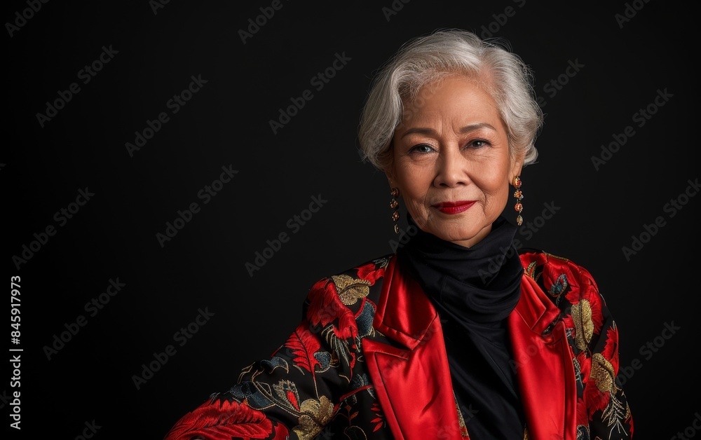 A woman in a red and black outfit is posing for a photo. She is wearing red lipstick and has her hands on her hips A woman in a red and black outfit is posing for a photo. She is wearing red lipstick and has her hands on her hips