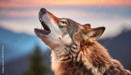 Close up portrait of a howling wild wolf in its natural habitat, wildlife photography photo