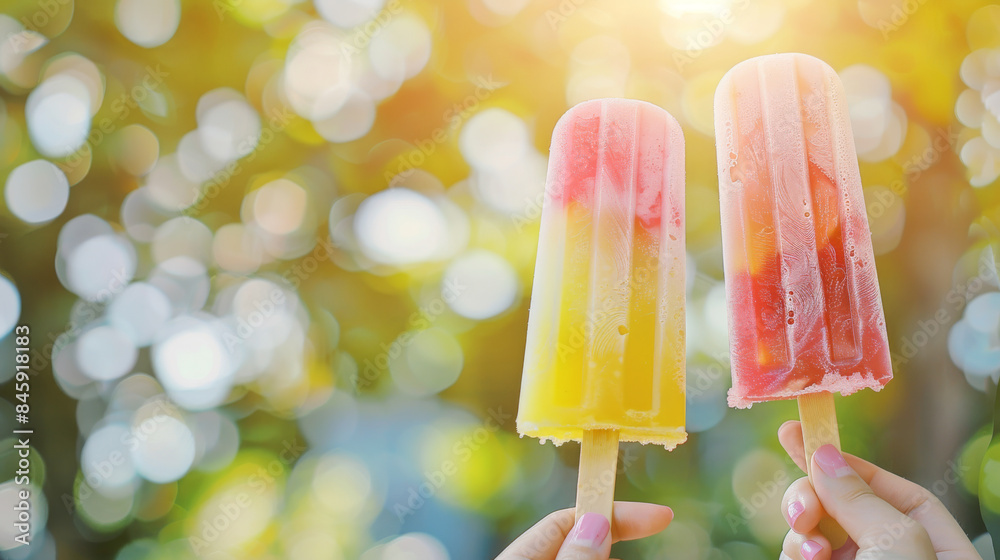 Two fruity popsicles are held up against a sunlit bokeh background, evoking a refreshing and playful summer feel. Two fruity popsicles are held up against a sunlit bokeh background, evoking a refreshing and playful summer feel.