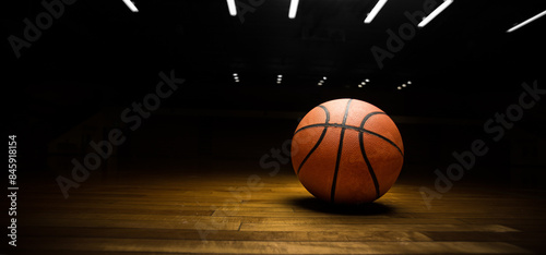 Basket ball on the court with a black background