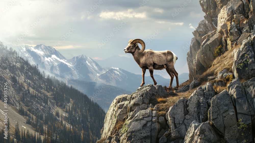 Naklejka premium Standing confidently on a mountain rock, a bighorn sheep gazes into the scenic expanse of the distant, layered mountains under a gently clouded sky.