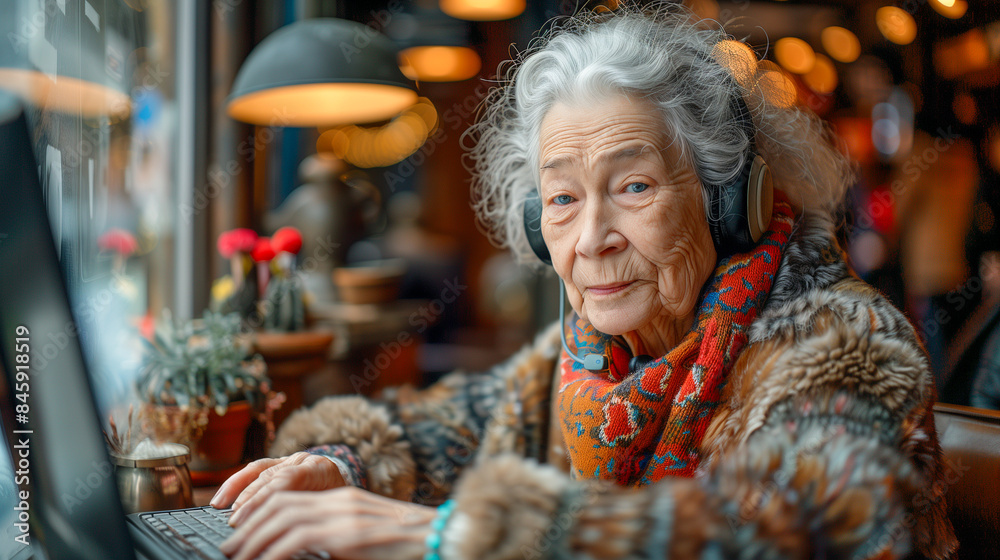 An elderly woman sits in a cafe, wearing headphones and typing on a laptop. She is surrounded by plants and warm lighting, creating a cozy atmosphere An elderly woman sits in a cafe, wearing headphones and typing on a laptop. She is surrounded by plants and warm lighting, creating a cozy atmosphere