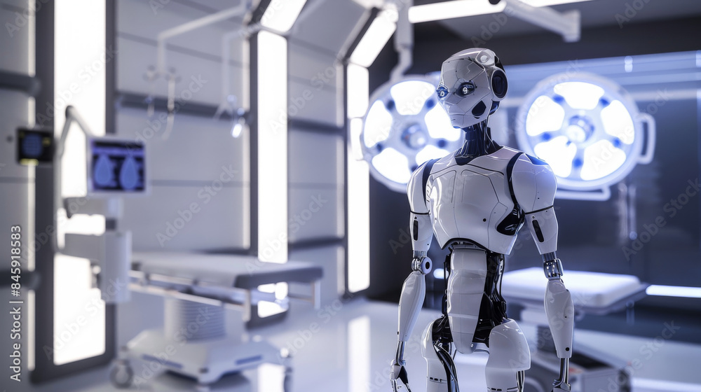A sleek humanoid robot stands in a futuristic operating room, surrounded by advanced medical equipment and monitors.