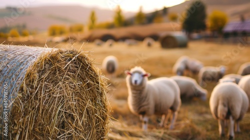 Closeup view of dry crop hay bale in farm land field with livestock