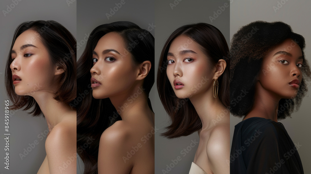Four women, each with distinct and elegant features, pose in a studio setting, highlighting their diverse beauty and sophisticated style. Four women, each with distinct and elegant features, pose in a studio setting, highlighting their diverse beauty and sophisticated style.