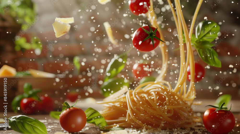 An explosion of ingredients mid-air showcases uncooked spaghetti, fresh tomatoes, basil leaves, and cheese against a sunlit kitchen background. An explosion of ingredients mid-air showcases uncooked spaghetti, fresh tomatoes, basil leaves, and cheese against a sunlit kitchen background.
