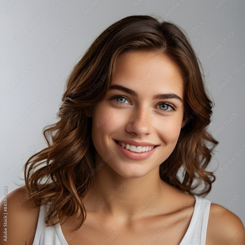 Smiling Young Woman with Wavy Hair and Natural Makeup in Soft Studio Lighting Smiling Young Woman with Wavy Hair and Natural Makeup in Soft Studio Lighting