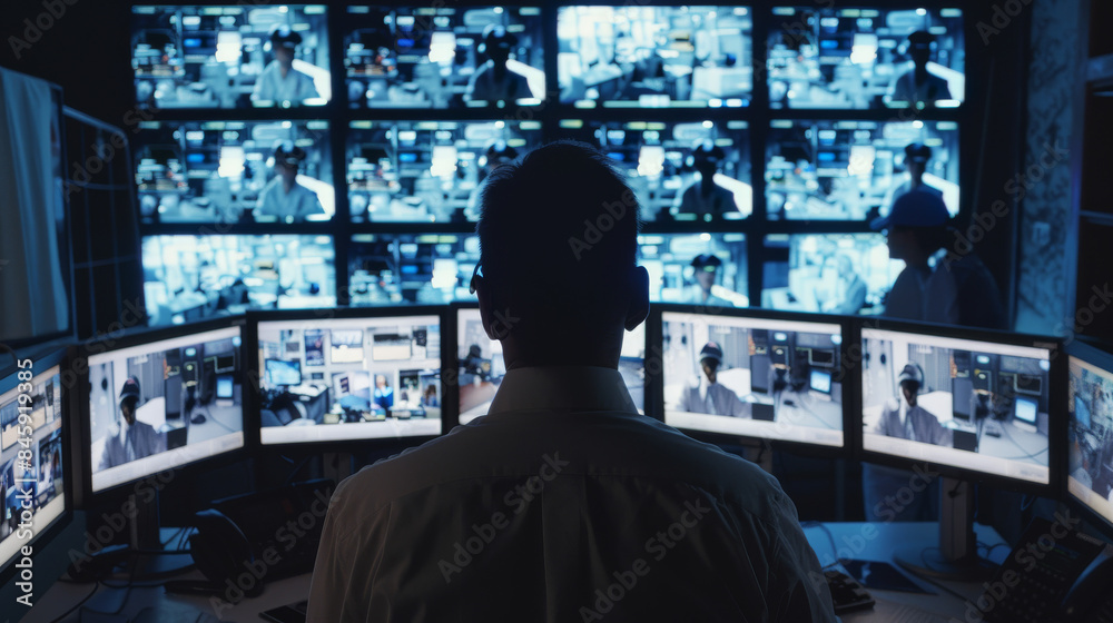 A silhouette of a person surrounded by multiple screens, displaying various surveillance feeds in a dimly lit control room. A silhouette of a person surrounded by multiple screens, displaying various surveillance feeds in a dimly lit control room.