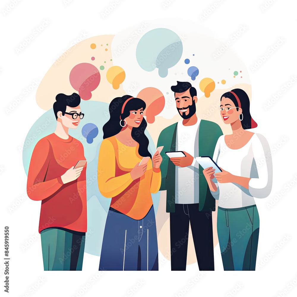 flat vector style illustration, a diverse group of people talking and collaborating flat vector style illustration, a diverse group of people talking and collaborating