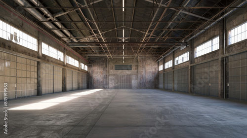 An empty industrial warehouse with exposed steel beams and large windows letting in natural light  highlighting the expansive  unused floor space.