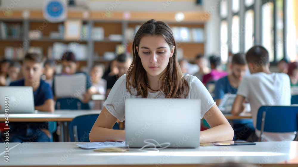 A student intensely focuses on her laptop in a bustling classroom, her dedication and intent encapsulated amidst an environment of youthful academic pursuit. A student intensely focuses on her laptop in a bustling classroom, her dedication and intent encapsulated amidst an environment of youthful academic pursuit.