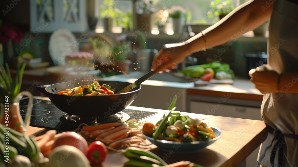 An individual tosses fresh vegetables in a sizzling pan in a sun-filled kitchen, capturing the essence of home cooking and healthy, vibrant meals in a modern setting. An individual tosses fresh vegetables in a sizzling pan in a sun-filled kitchen, capturing the essence of home cooking and healthy, vibrant meals in a modern setting.