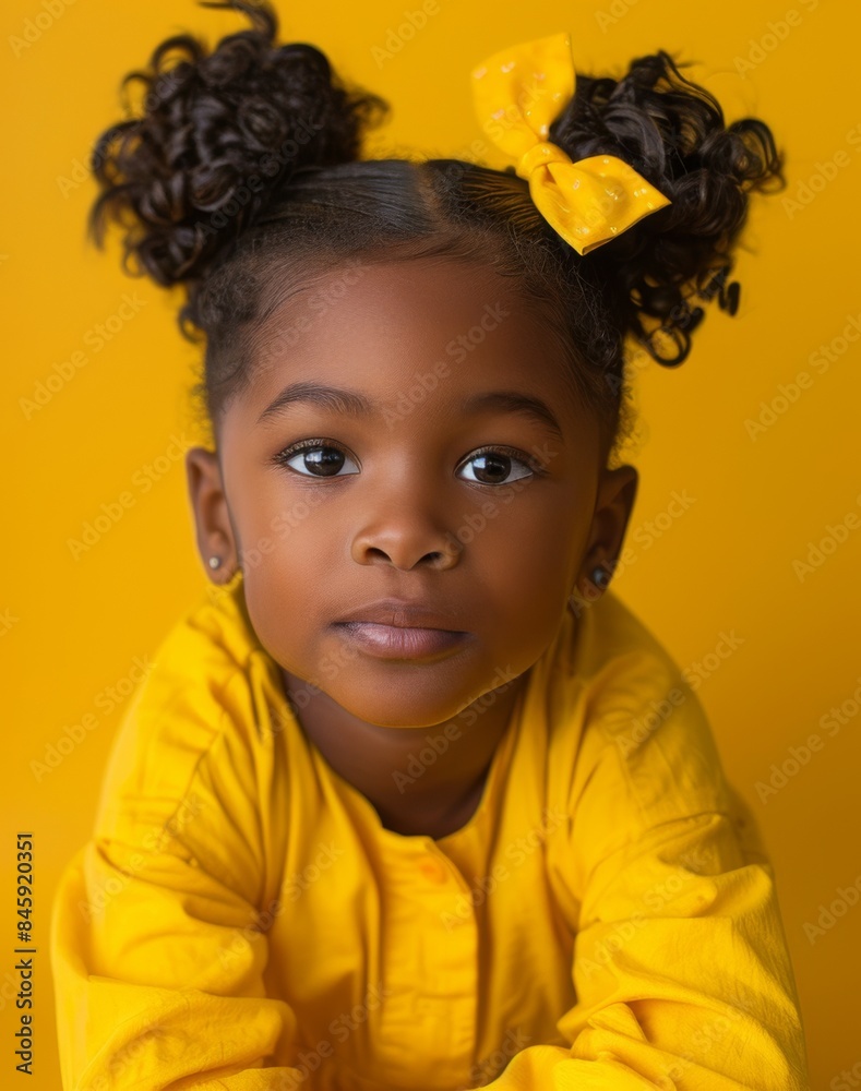 A young girl with a yellow shirt and yellow hair is sitting on a yellow background. She has her hair in pigtails and is wearing a yellow bow A young girl with a yellow shirt and yellow hair is sitting on a yellow background. She has her hair in pigtails and is wearing a yellow bow