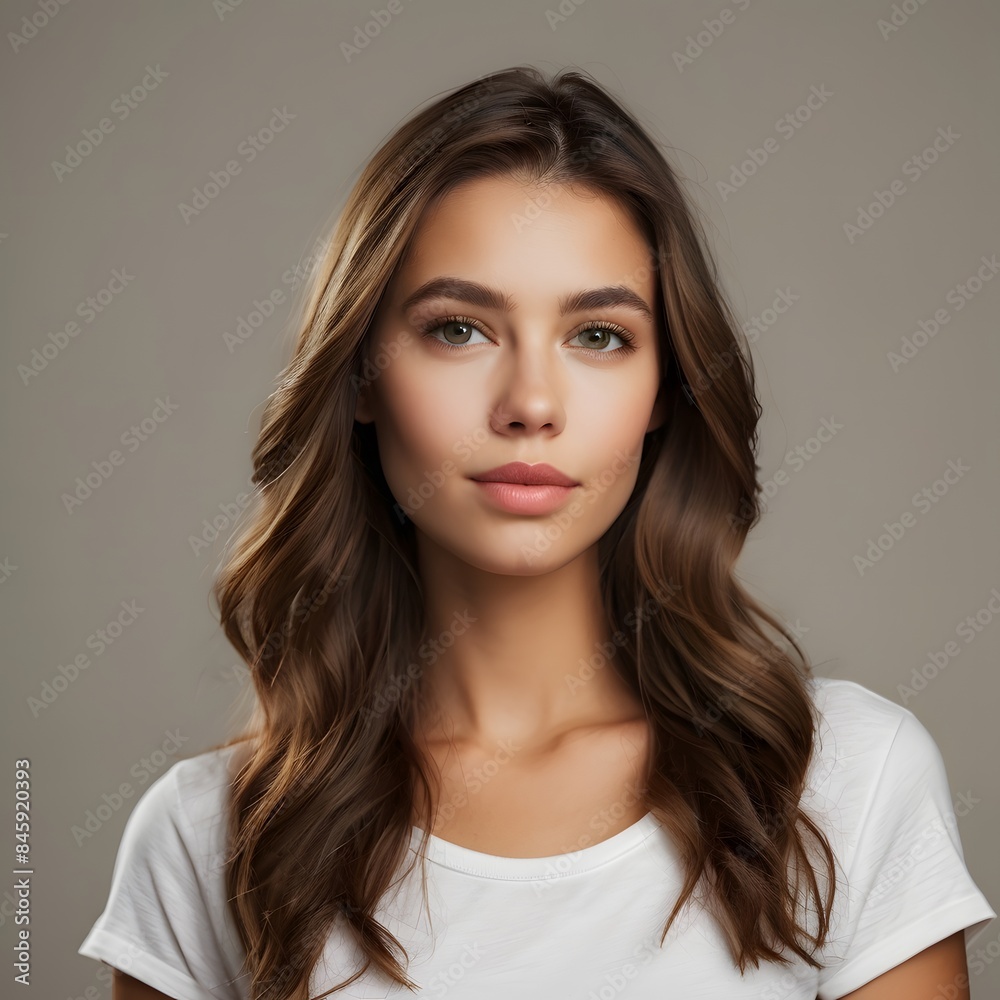 Confident Young Woman with Long, Loose Hair and Natural Makeup in Studio Lighting