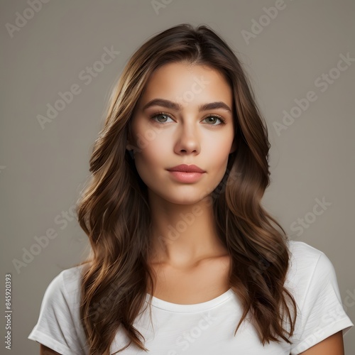 Confident Young Woman with Long, Loose Hair and Natural Makeup in Studio Lighting