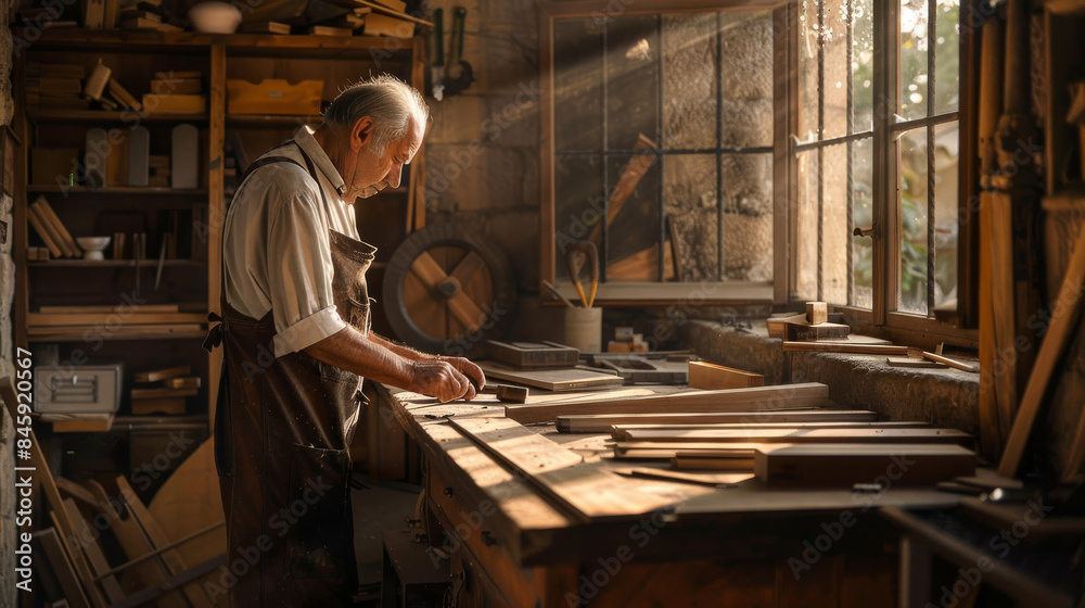 An elderly craftsman working in his serene, sunlit workshop, carefully shaping wooden pieces, surrounded by traditional tools. An elderly craftsman working in his serene, sunlit workshop, carefully shaping wooden pieces, surrounded by traditional tools.