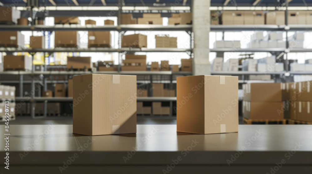 Two cardboard boxes stand on a table in an expansive warehouse, surrounded by neatly arranged shelves filled with various items under ample lighting, emphasizing organization. Two cardboard boxes stand on a table in an expansive warehouse, surrounded by neatly arranged shelves filled with various items under ample lighting, emphasizing organization.