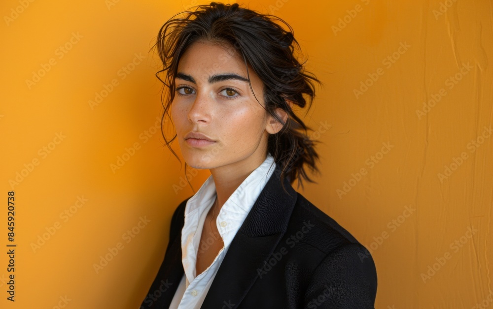 A woman in a black jacket and white shirt is standing in front of a yellow wall. She has a serious expression on her face A woman in a black jacket and white shirt is standing in front of a yellow wall. She has a serious expression on her face