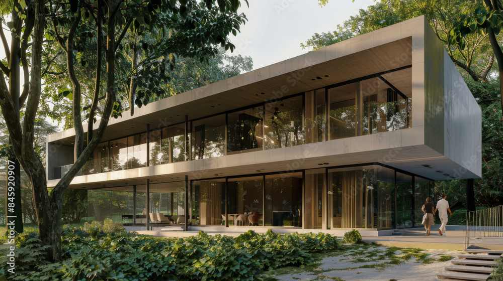 Modern glass facade house nestled in a wooded area, blending contemporary architecture with serene natural surroundings. Modern glass facade house nestled in a wooded area, blending contemporary architecture with serene natural surroundings.