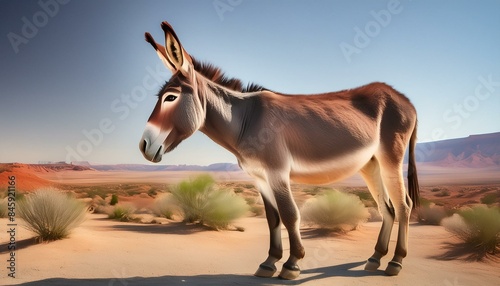 Side on view of a wild donkey in a arid landscape with a clear blue sky behind 