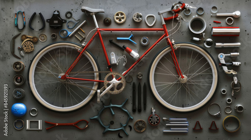 A red vintage bicycle is displayed with its parts meticulously arranged evenly around it on a contrasting background, highlighting assembly and craftsmanship.