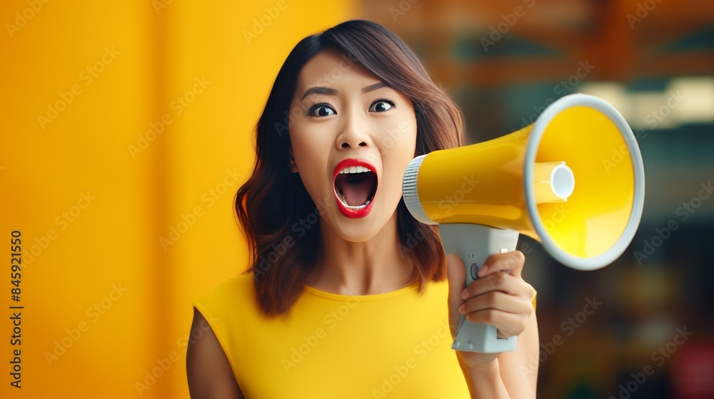 Vibrant photo of an energetic woman holding a yellow megaphone, expressing excitement against a bold yellow backdrop.