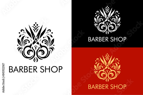 vine flowers scissor abstract vector barber shop haircut hair dresser beauty salon parlor logo design