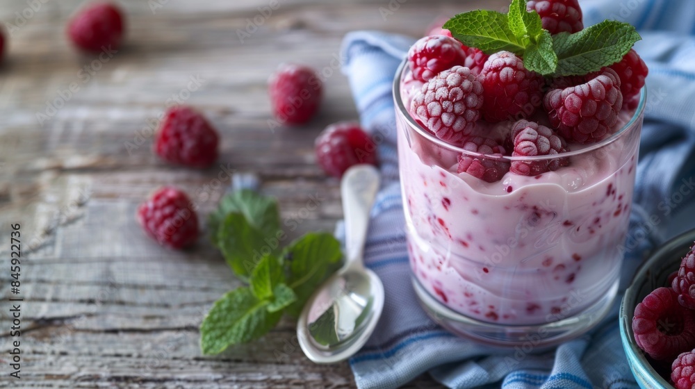 Refreshing dessert of raspberry yogurt in glass on rustic table. Cool berries and mint garnish. Perfect food for summer. Rustic style. Dessert photography with a cool and fresh look. AI