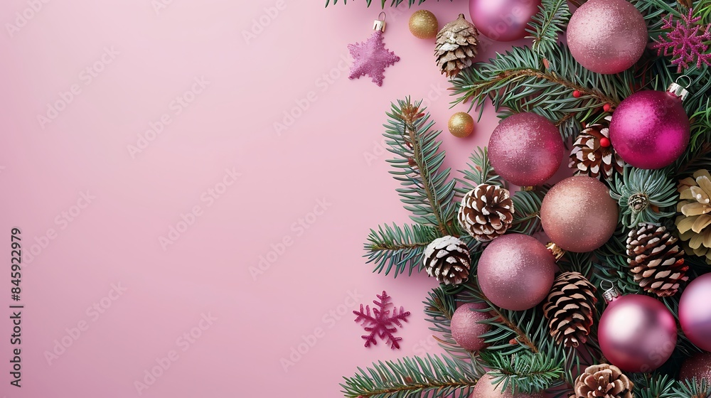 Christmas decorations at pink background christmas fir tree decorations