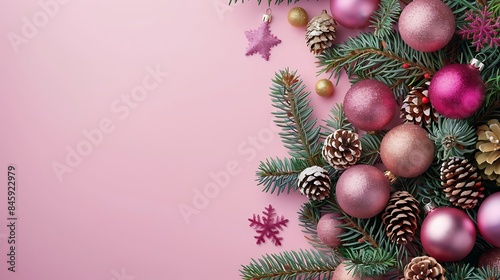 Obraz na płótnie Christmas decorations at pink background christmas fir tree decorations w salonie