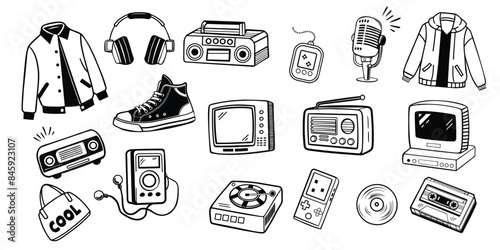 Set of 90s 00s retro devices in modern memphis style. Vintage audio player, cassette, old pc, floppy disk, mobile telephone, skate, game console vector illustration. Nostalgia for 1990s.
