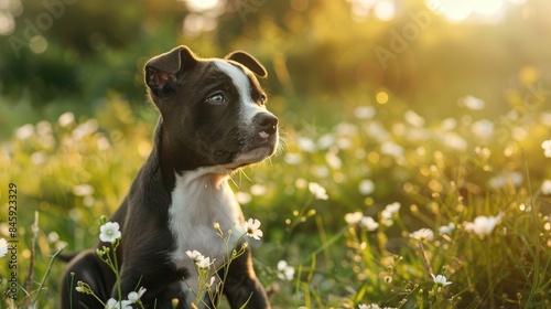 Stunning Amstaff Puppy Dog Enjoying the Meadow